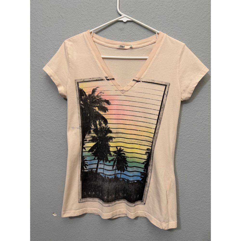 Silver Jeans Co Womens Tee Size M Peach Santa Monica Sunset Graphic V-Neck Surf